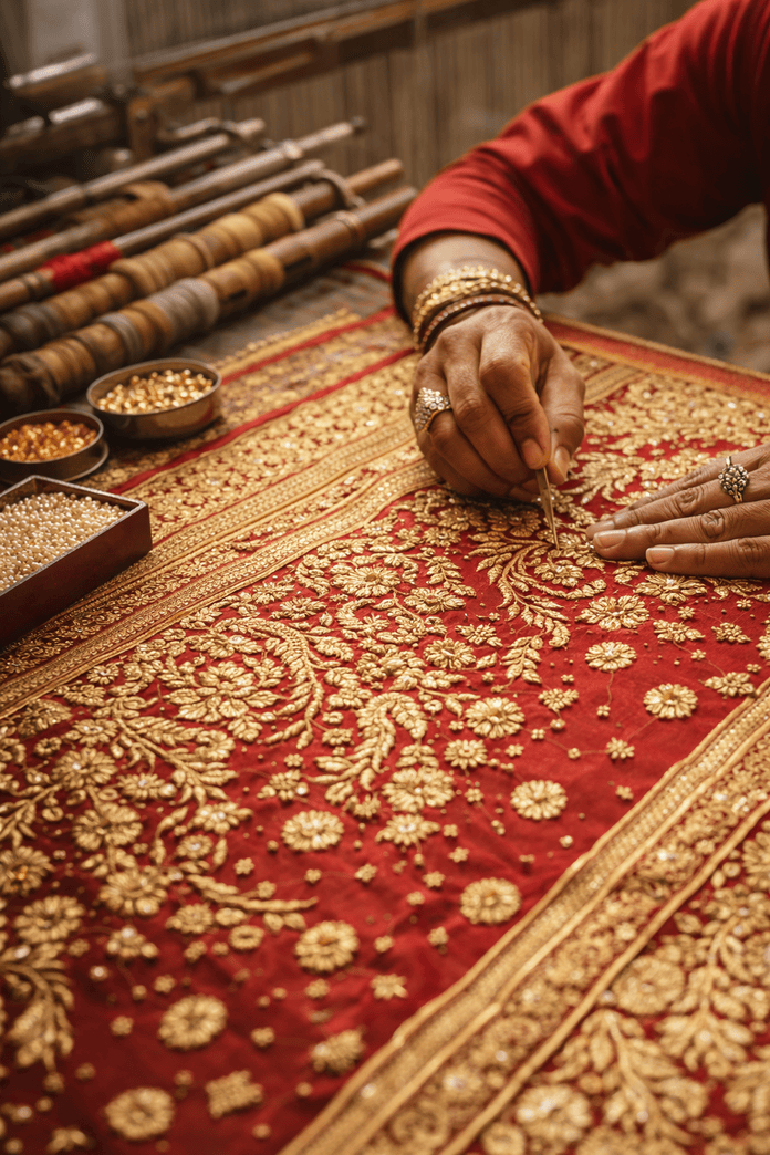 Artisan weaving saree on a handloom